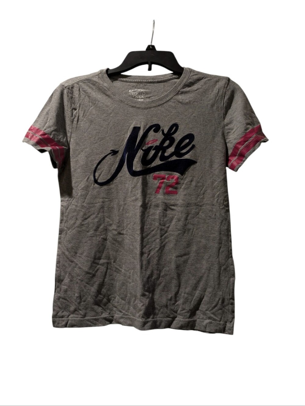 Nike Gray Crewneck Tee with Pink Sleeve Stripes and Navy Script